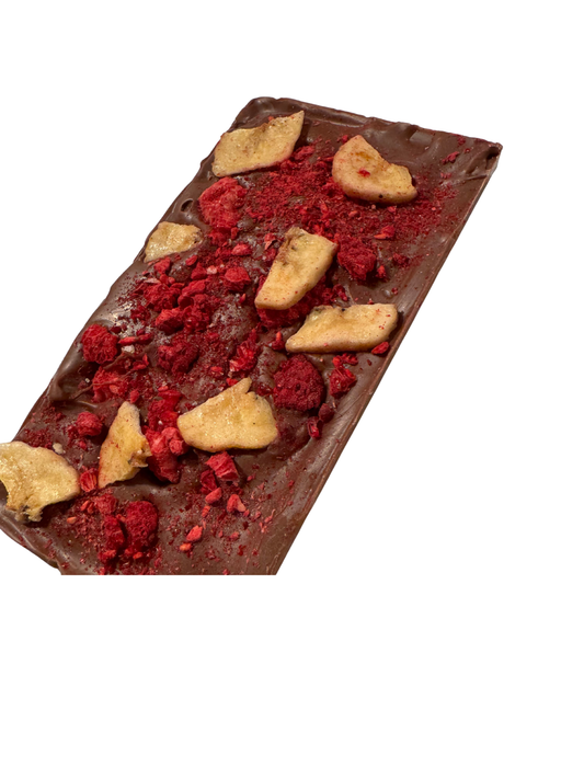 Belgijska mleczna czekolada z suszonymi malinami i bananem – 100 g